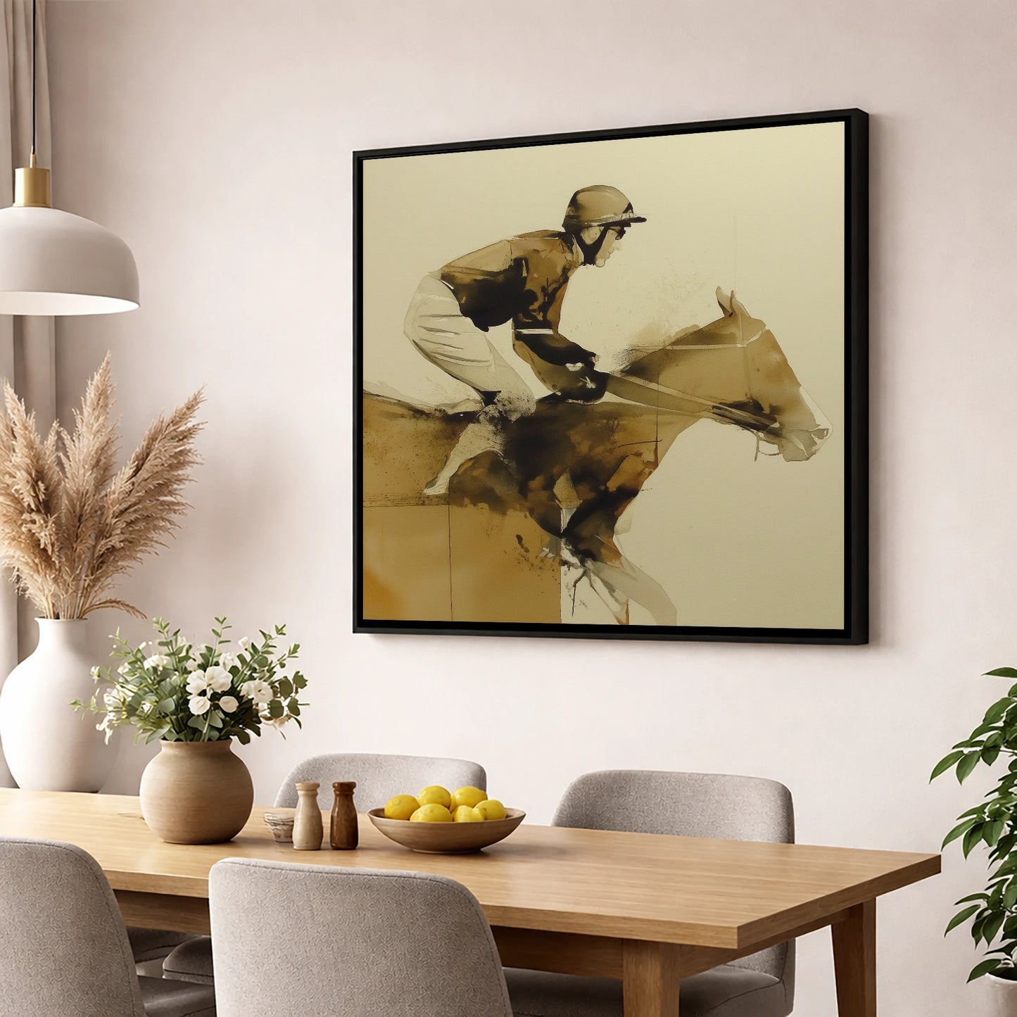 The Final Fence racing horse wall art displayed in a dining room