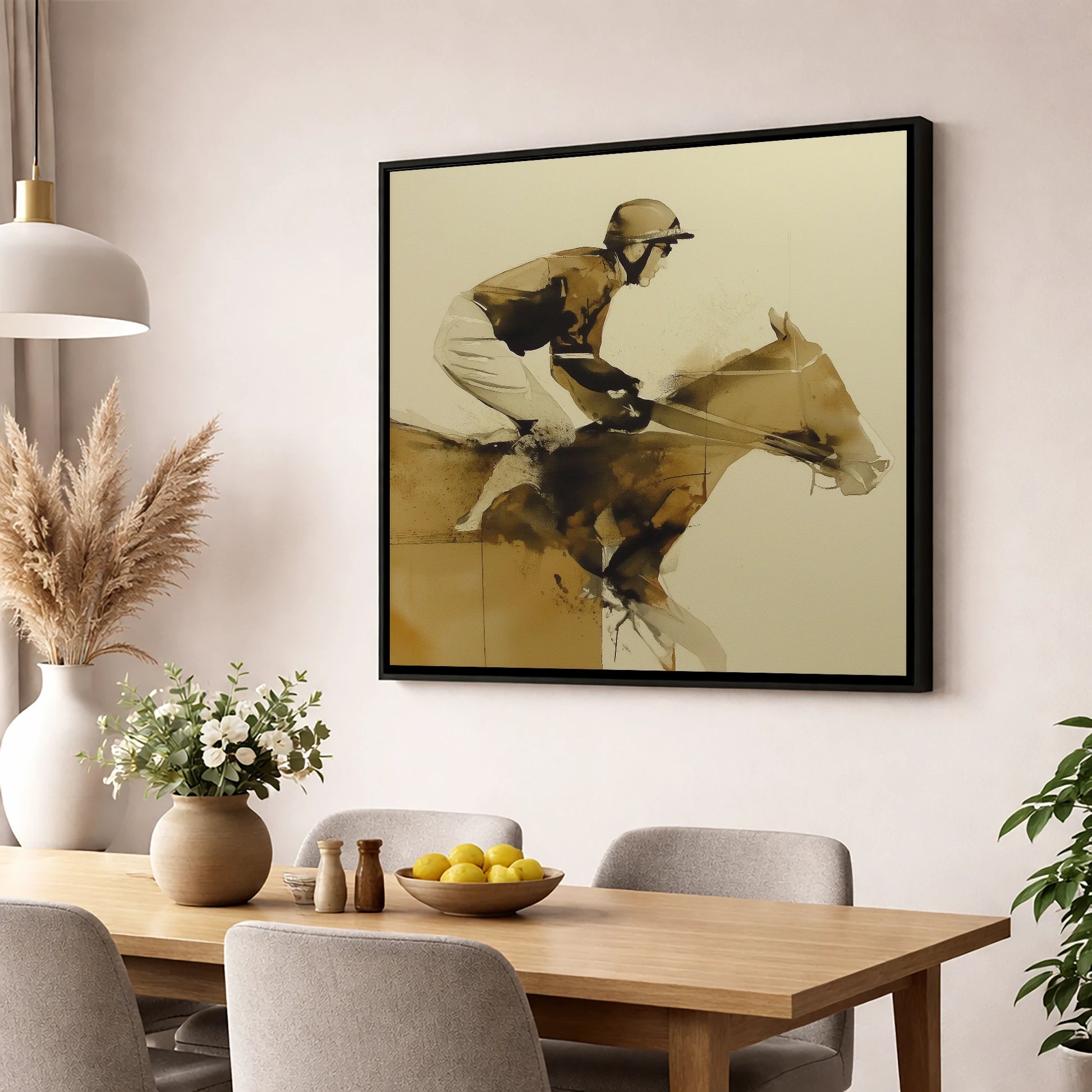 The Final Fence racing horse wall art displayed in a dining room