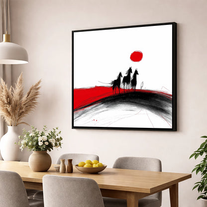 Crimson Sun Silhouettes horse landscape wall art displayed in a dining room
