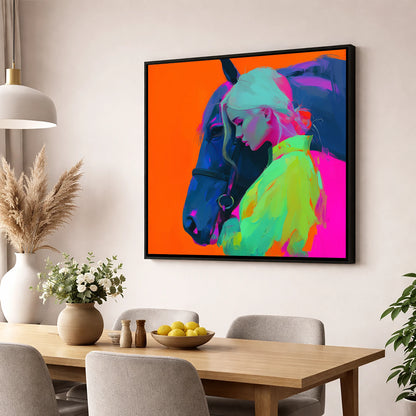 Technicolour Trust horse & rider wall art displayed in a dining room