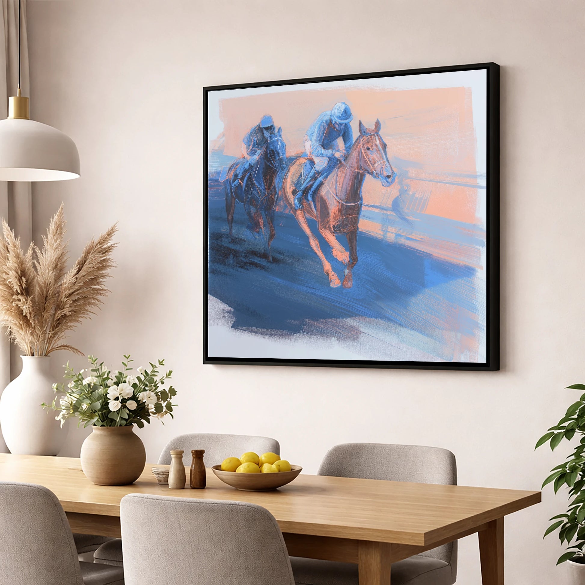 The Blue Furlong racing horse wall art displayed in a dining room