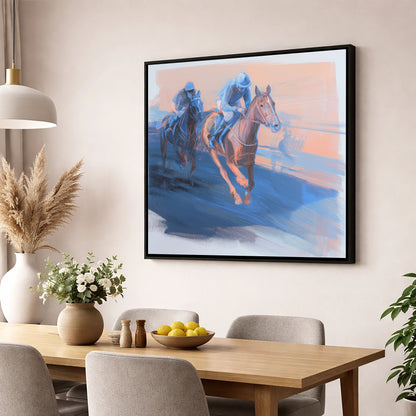 The Blue Furlong racing horse wall art displayed in a dining room