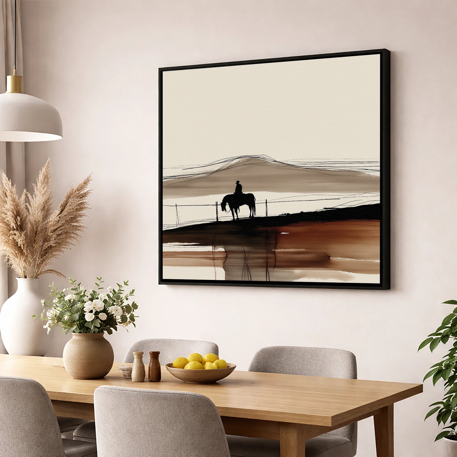 Western Solitude western horse wall art displayed in a dining room