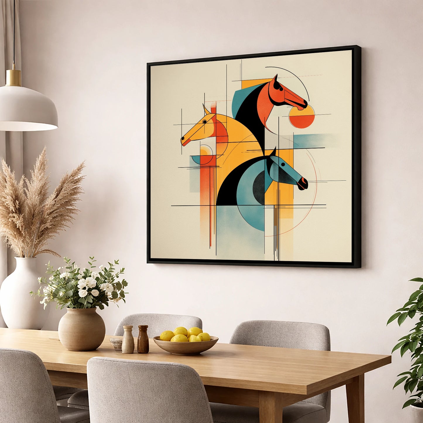 Rhythmic Racing Profiles racing horse wall art displayed in a dining room