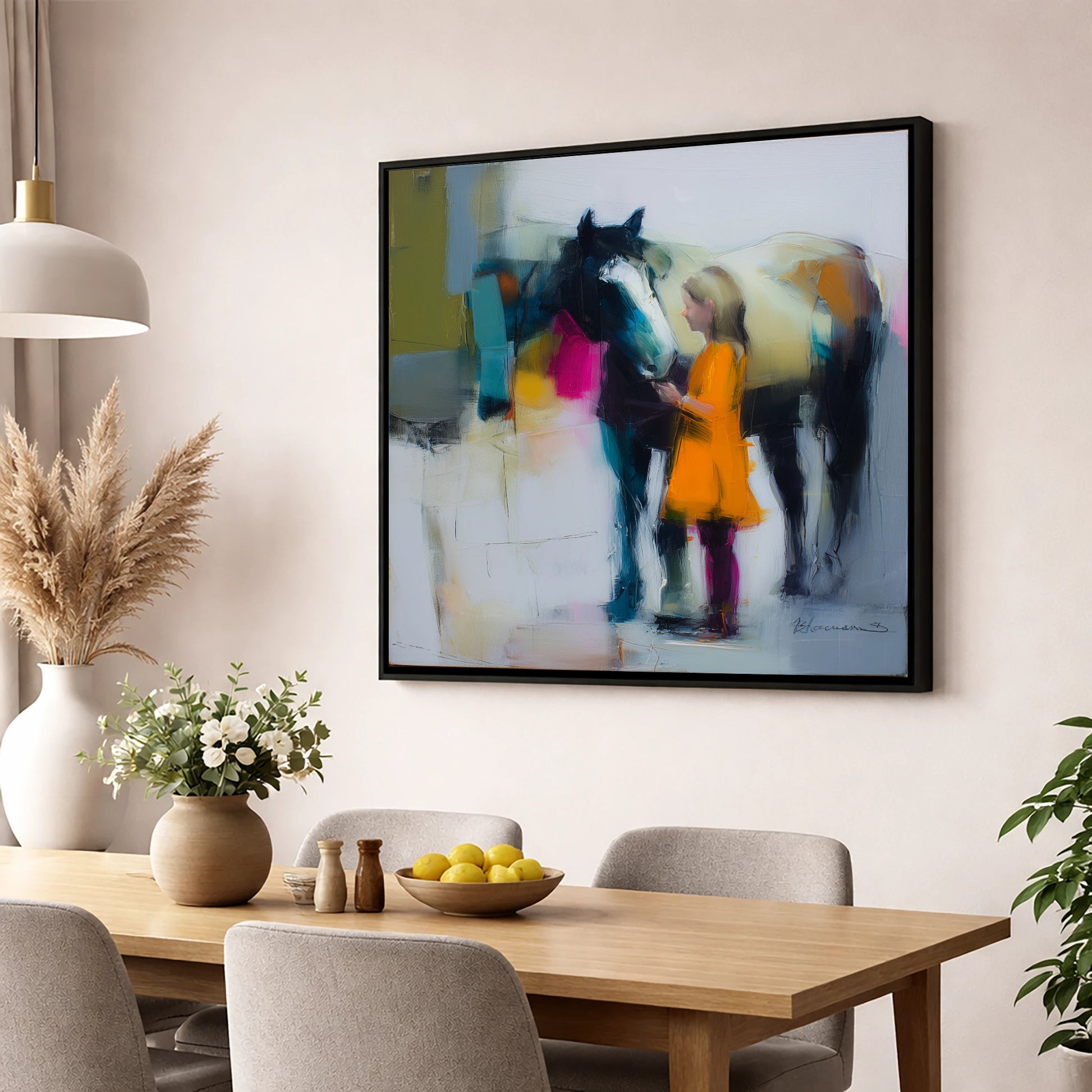 Vibrant Connection horse & rider wall art displayed in a dining room