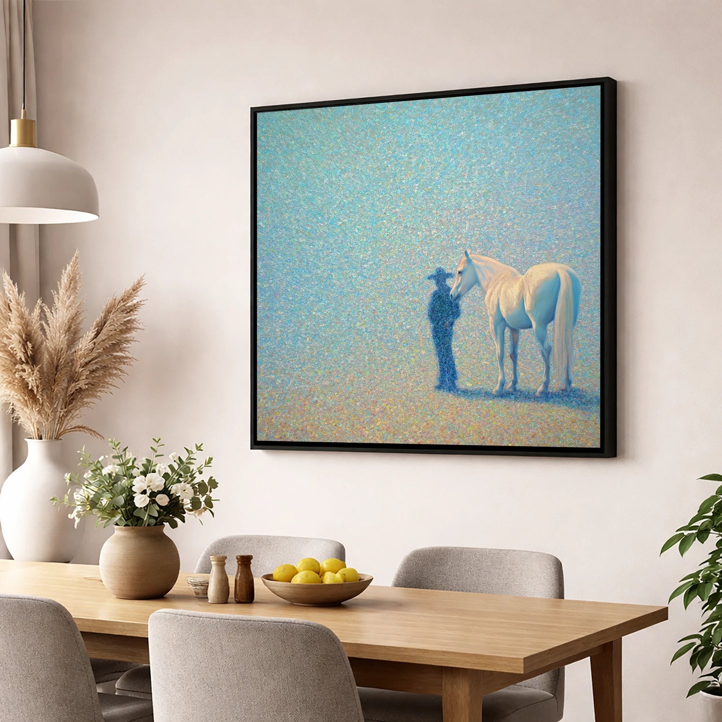 Echoes of the High Plains western horse wall art displayed in a dining room