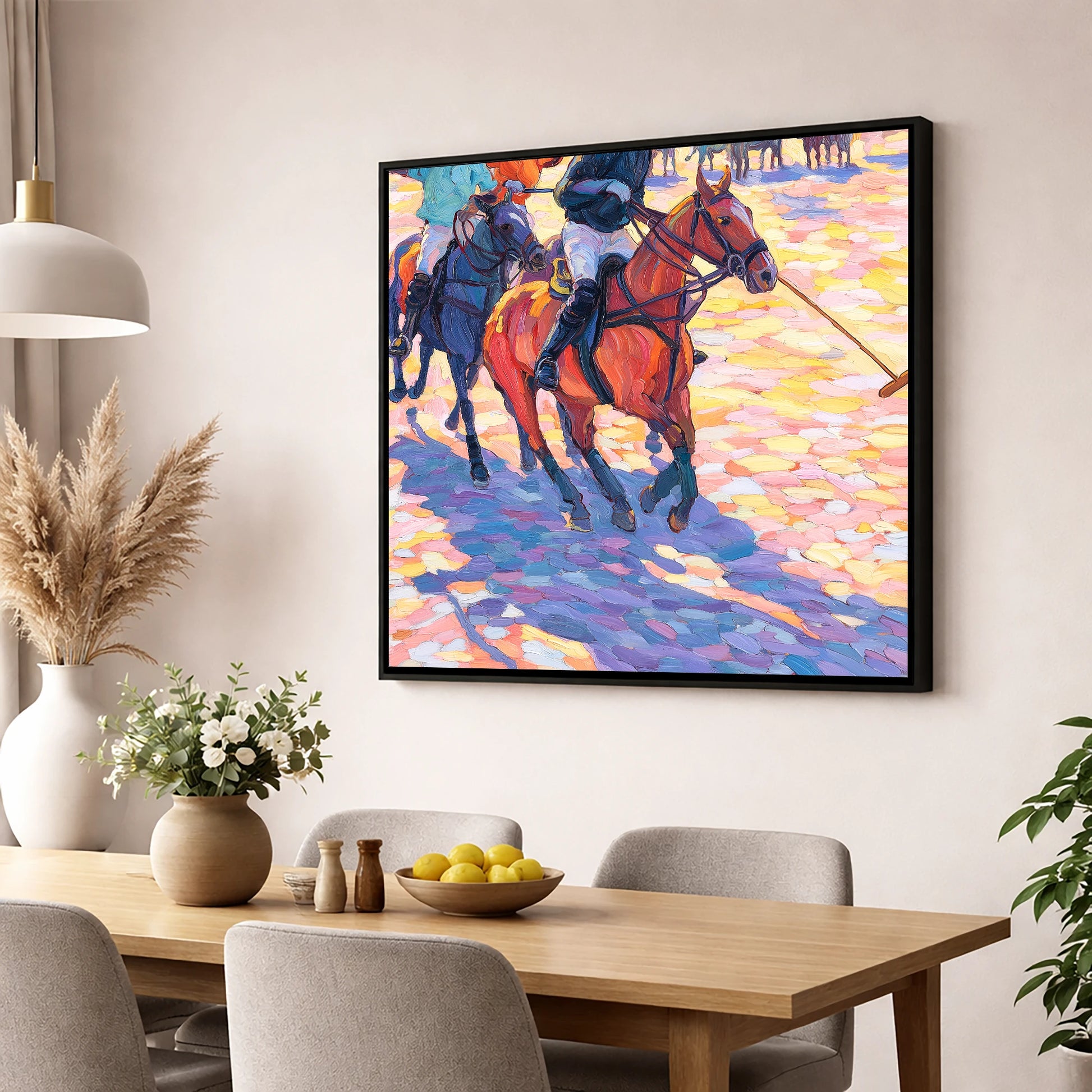 Sunset Chukka Shadows polo horse wall art displayed in a dining room