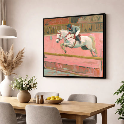 Flight in Dusty Pink show jumping horse wall art displayed in a dining room