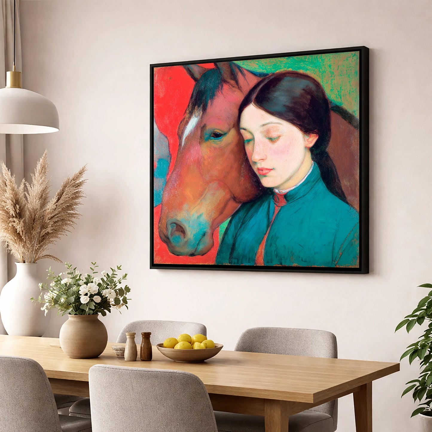Silent Devotion horse & rider wall art displayed in a dining room