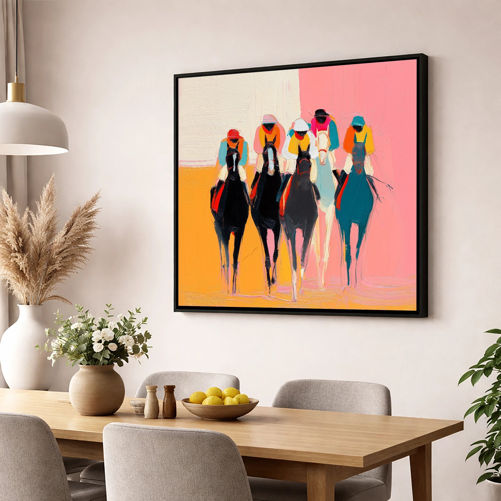 Charge to the Line racing horse wall art displayed in a dining room