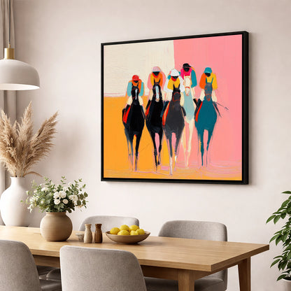 Charge to the Line racing horse wall art displayed in a dining room