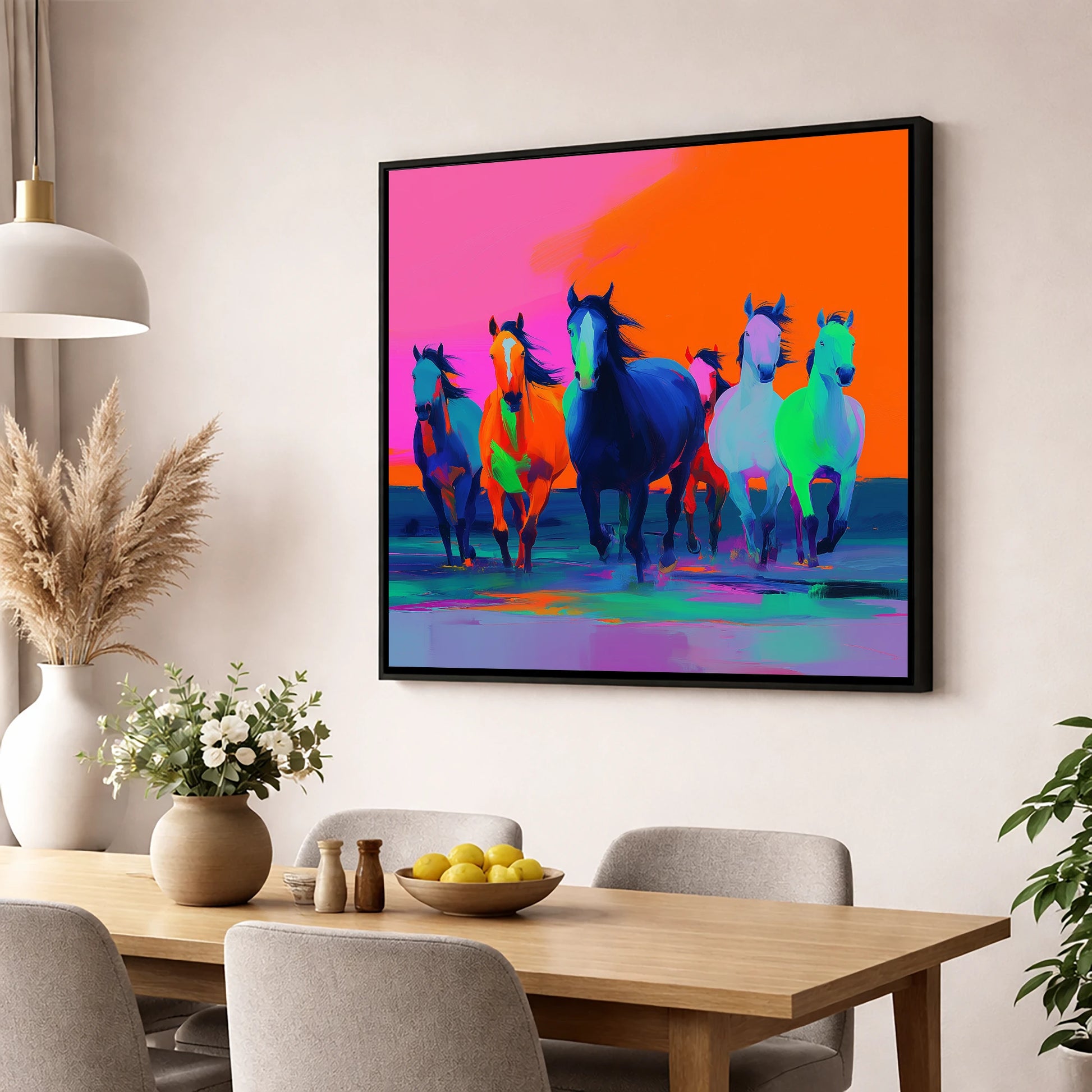 Technicolour Charge wild horses wall art displayed in a dining room
