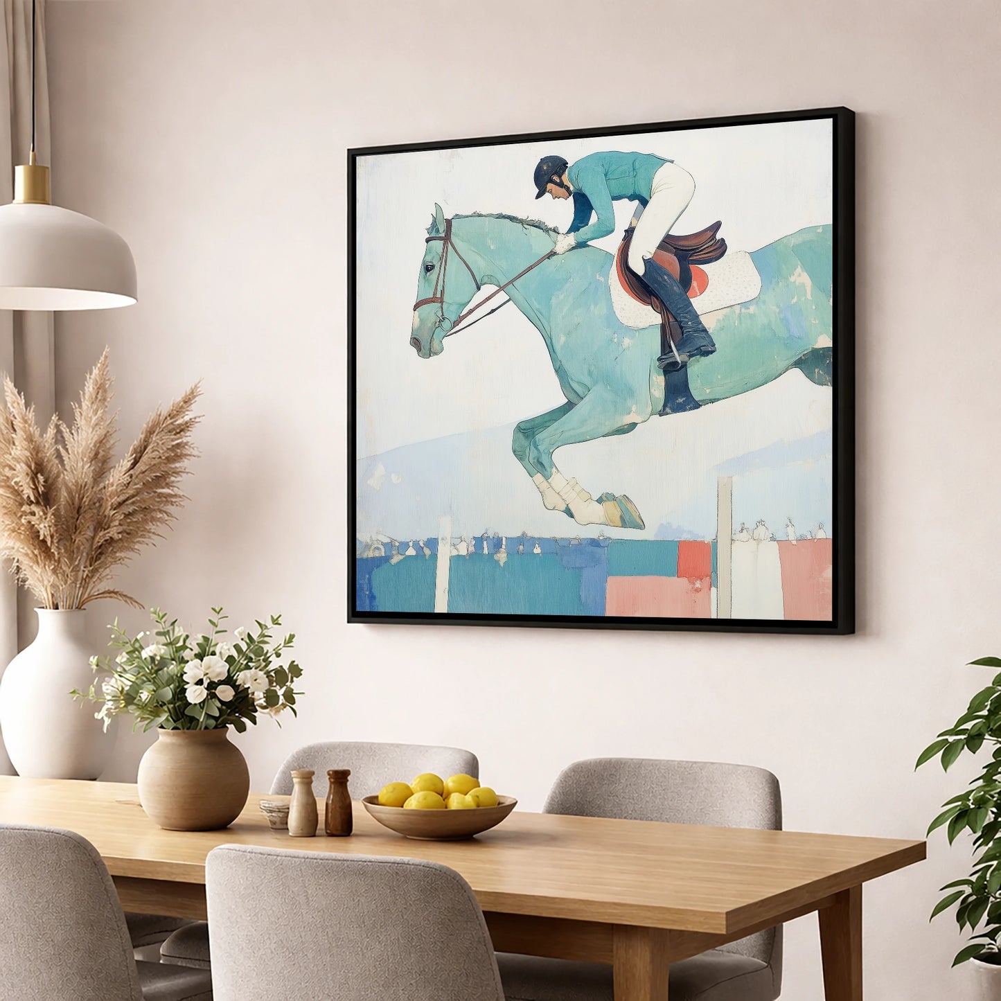 Aquamarine Ascent show jumping horse wall art displayed in a dining room