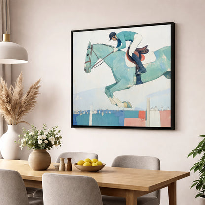 Aquamarine Ascent show jumping horse wall art displayed in a dining room