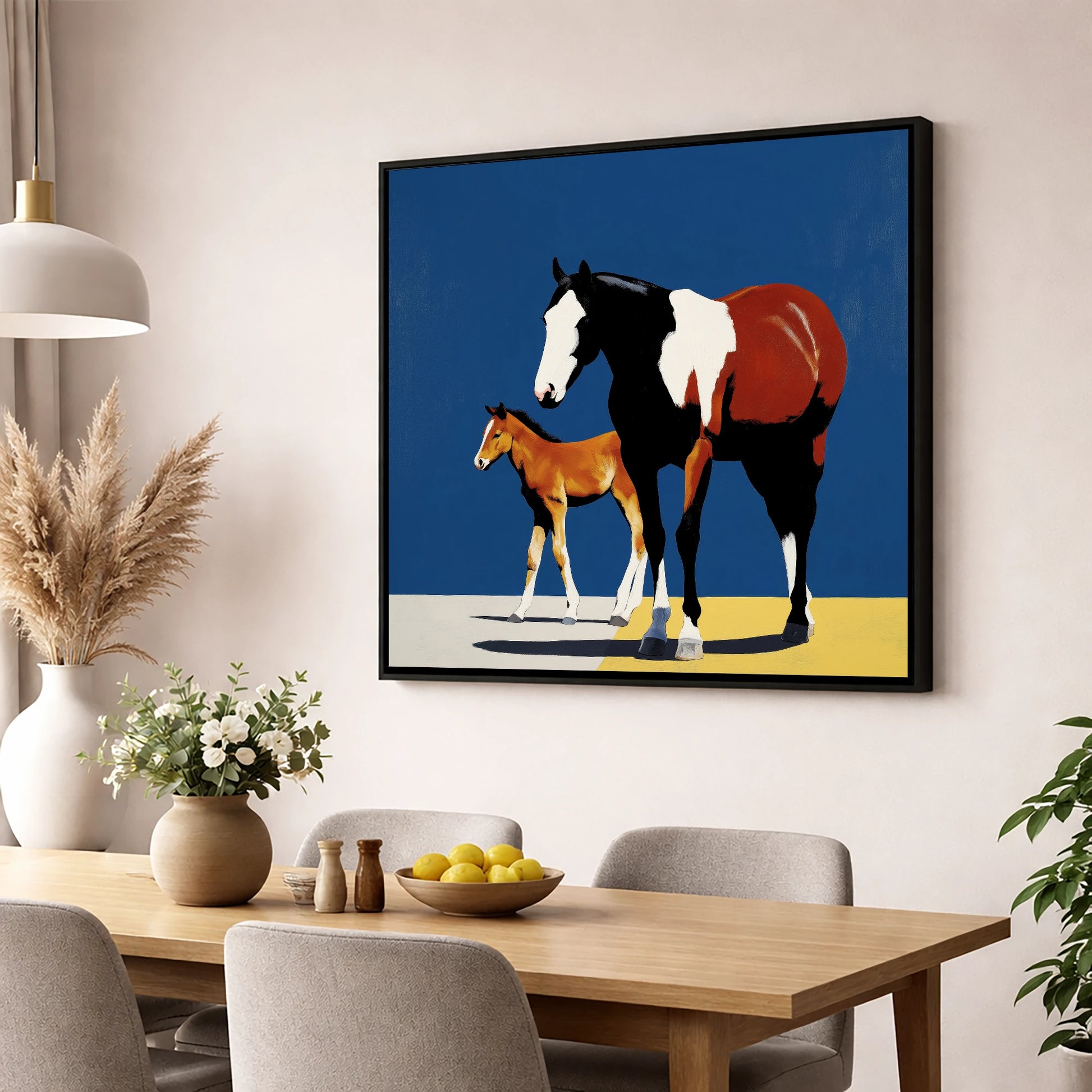 Striking Skewbald Bond mare & foal wall art displayed in a dining room