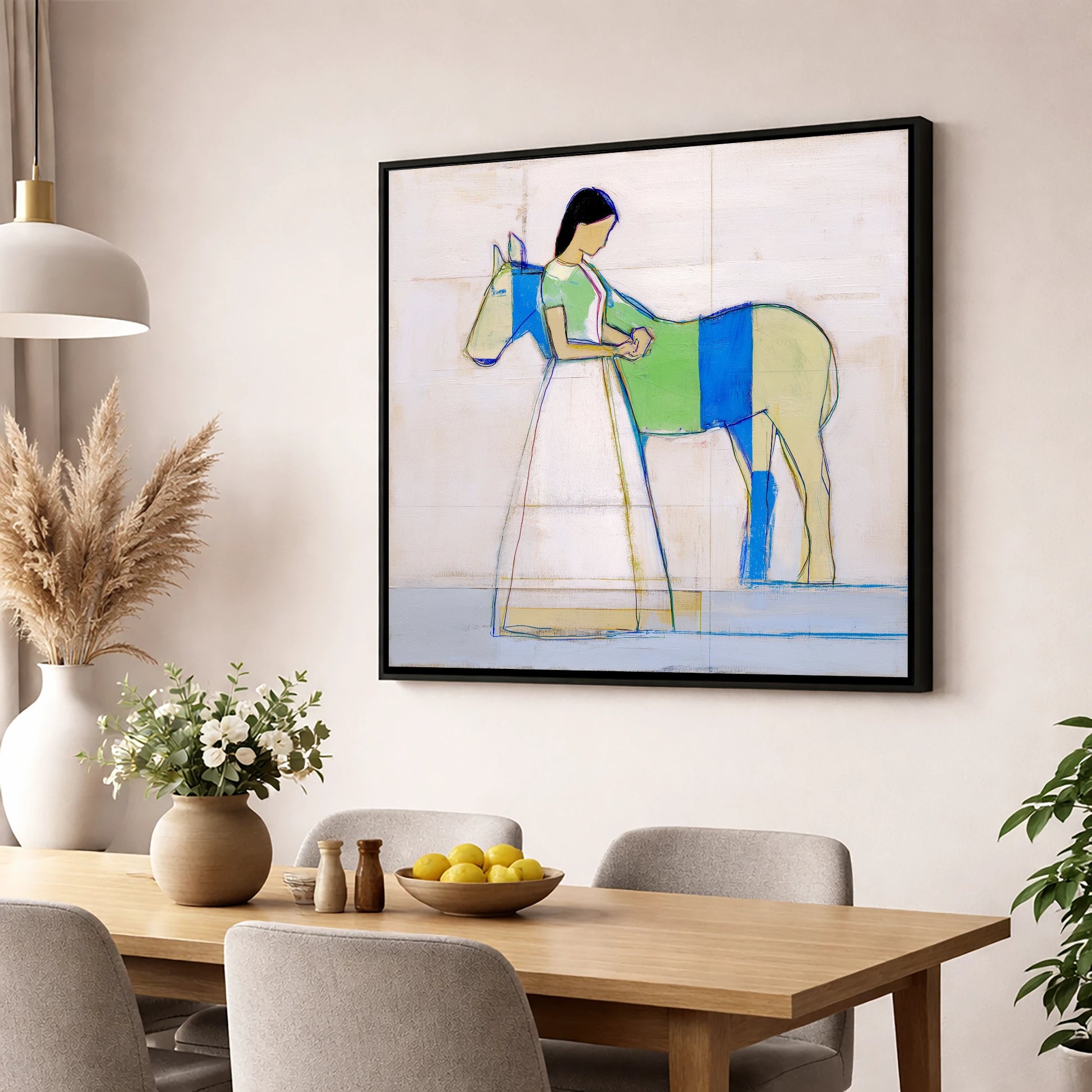 Quiet Blue Bond horse & rider wall art displayed in a dining room
