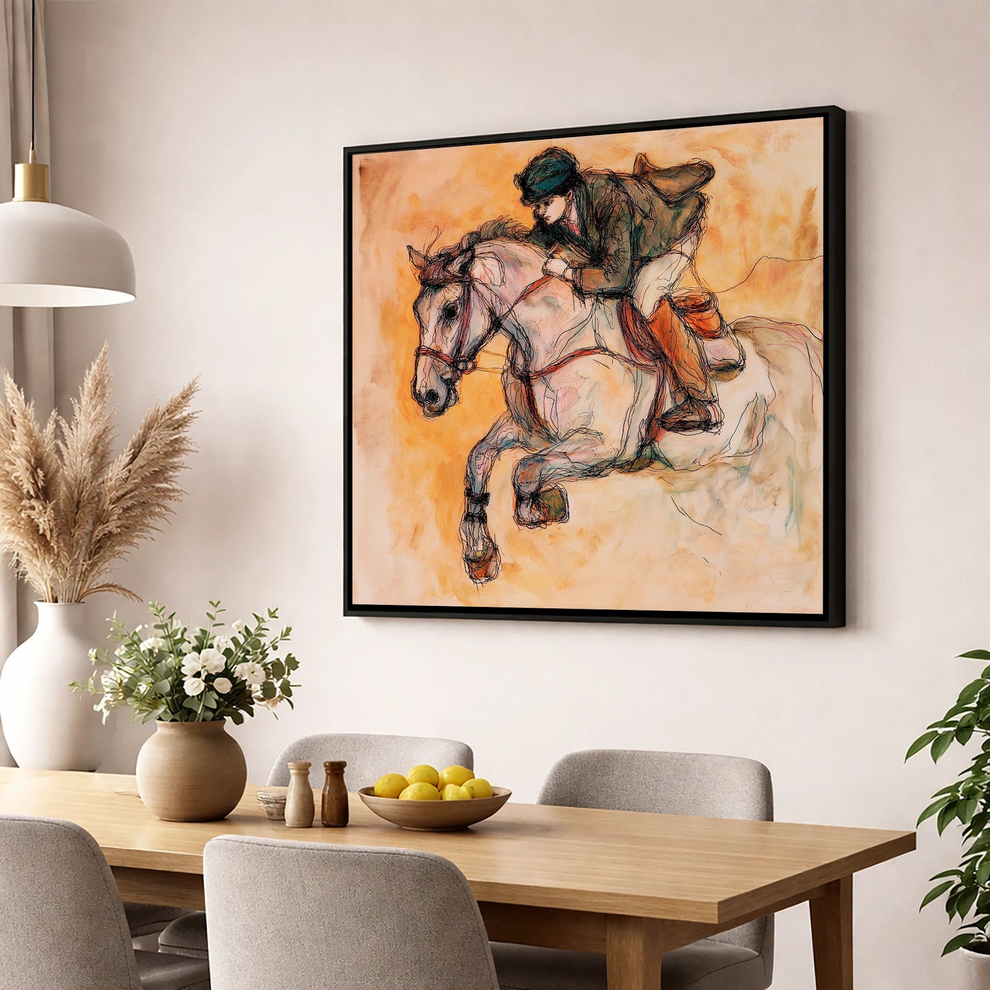 Airborne in Ochre show jumping horse wall art displayed in a dining room