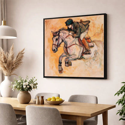 Airborne in Ochre show jumping horse wall art displayed in a dining room