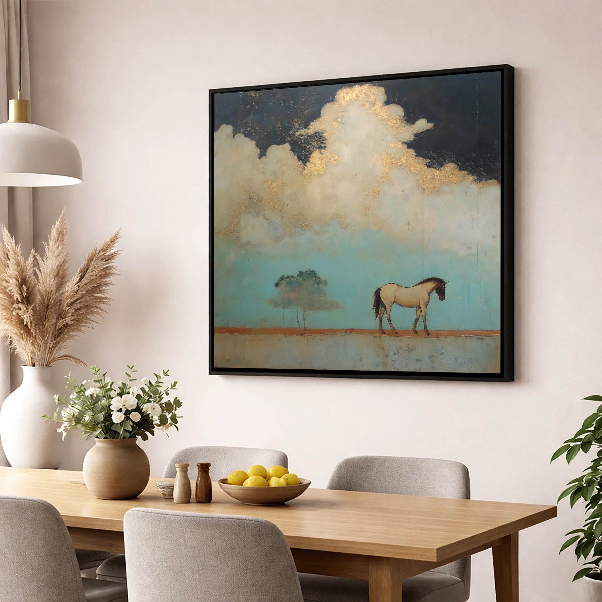 Beneath the Gilded Cloud horse landscape wall art displayed in a dining room