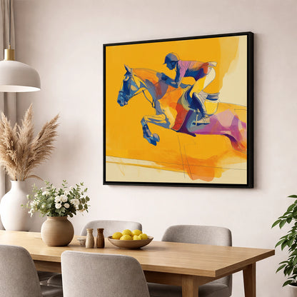 Vivid Golden Flight show jumping horse wall art displayed in a dining room