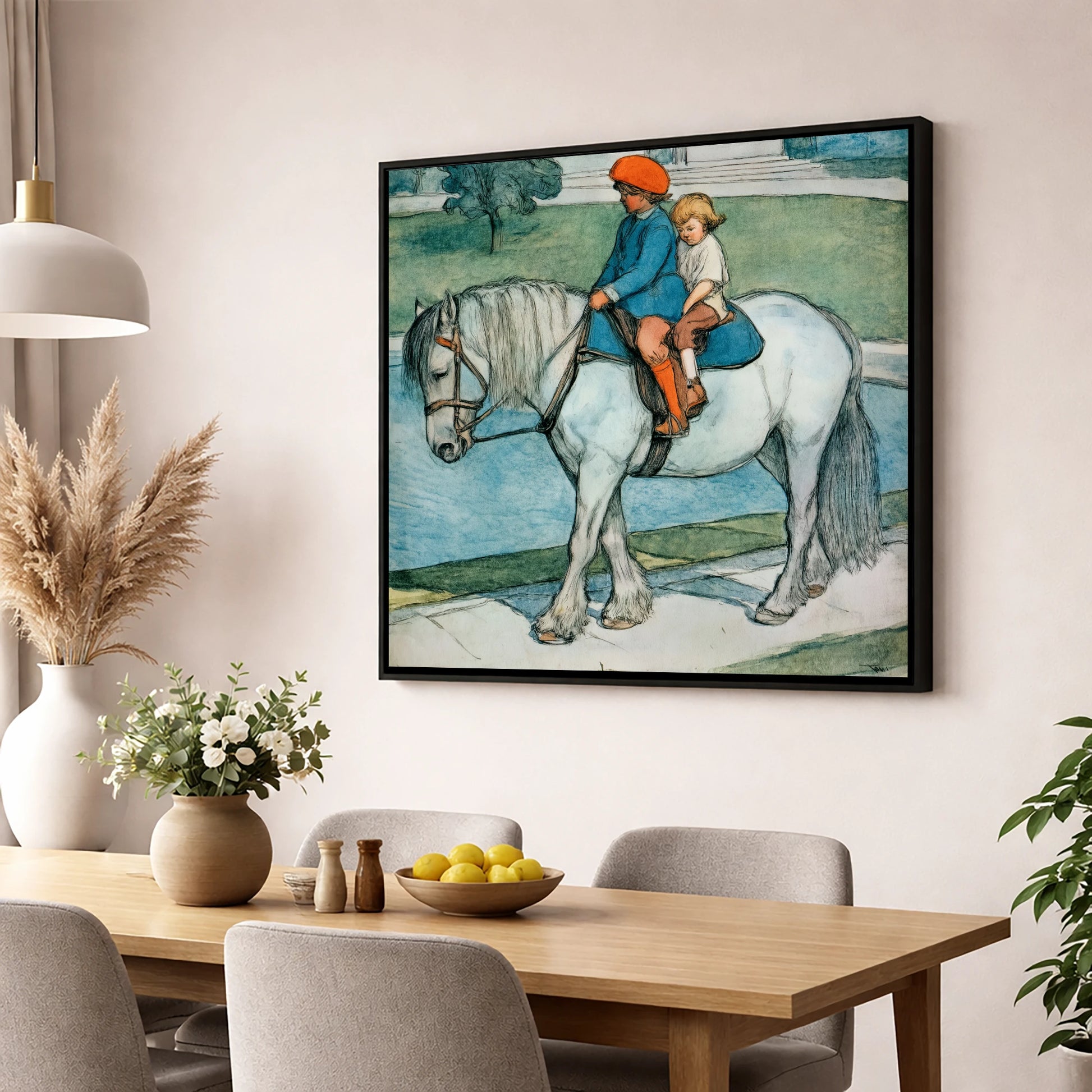 The Shared Ride horse & rider wall art displayed in a dining room