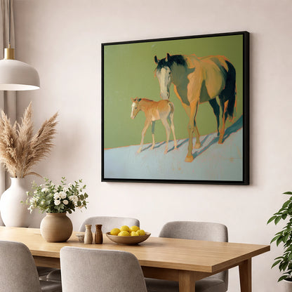 Sunlit Bonds mare & foal wall art displayed in a dining room