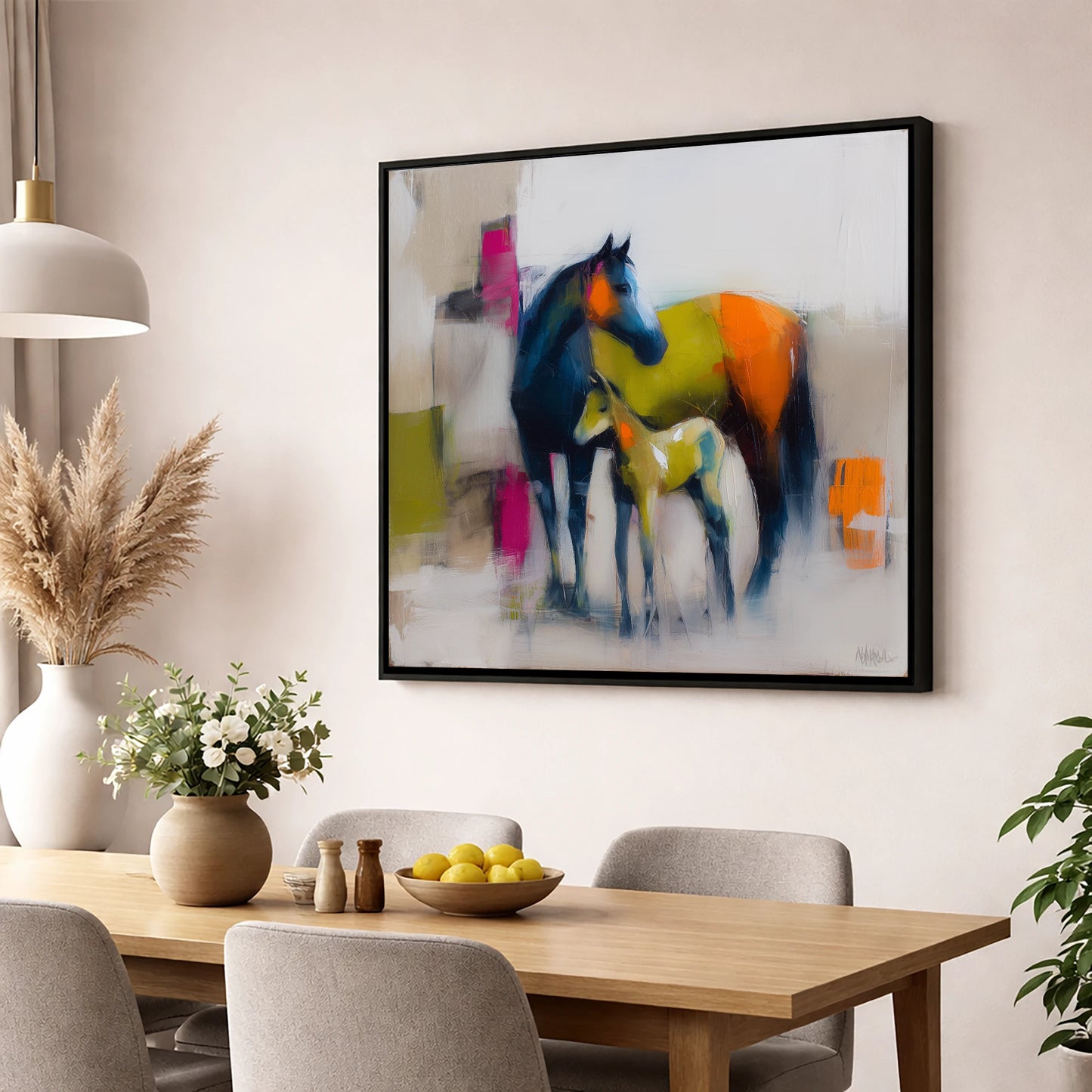 Bold Beginnings mare & foal wall art displayed in a dining room