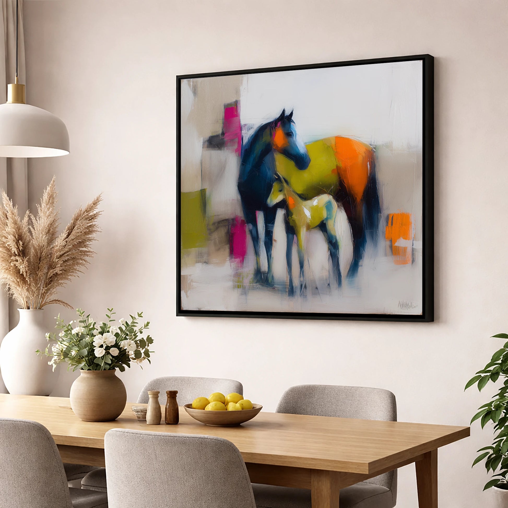 Bold Beginnings mare & foal wall art displayed in a dining room