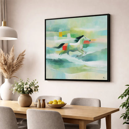 Modern Coastal Canter beach horse wall art displayed in a dining room