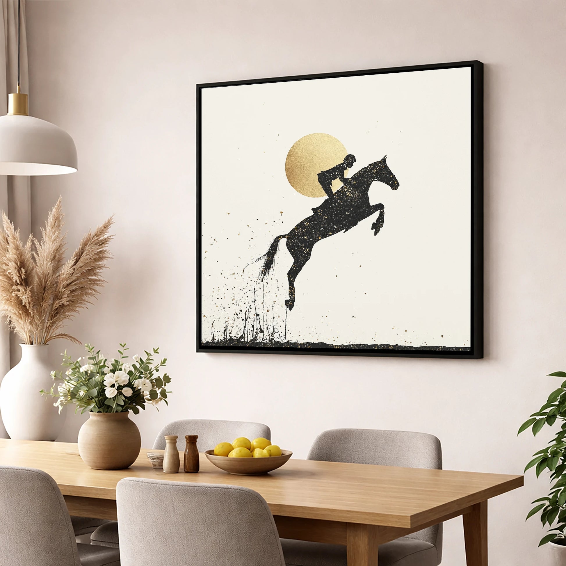 Golden Flight show jumping horse wall art displayed in a dining room