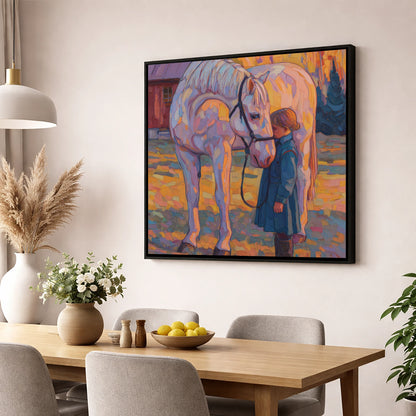 A Quiet Connection horse & rider wall art displayed in a dining room