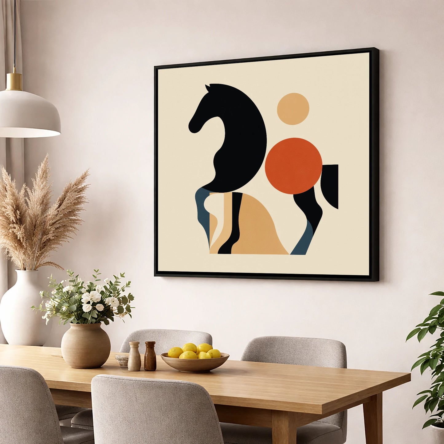 Mid-Century Equine Form horse portrait wall art displayed in a dining room