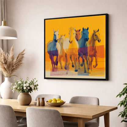 The Vibrant Herd horse landscape wall art displayed in a dining room