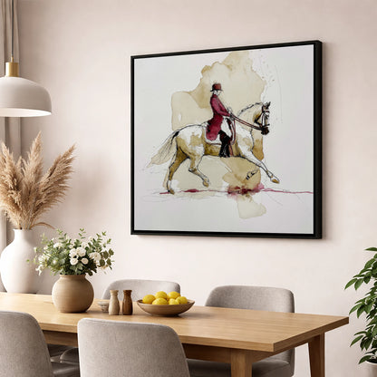 The Crimson Tailcoat dressage horse wall art displayed in a dining room