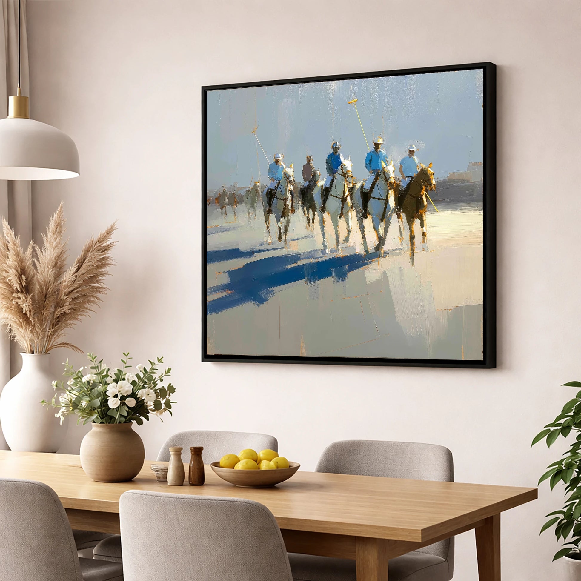 Sunlit Polo Approach polo horse wall art displayed in a dining room