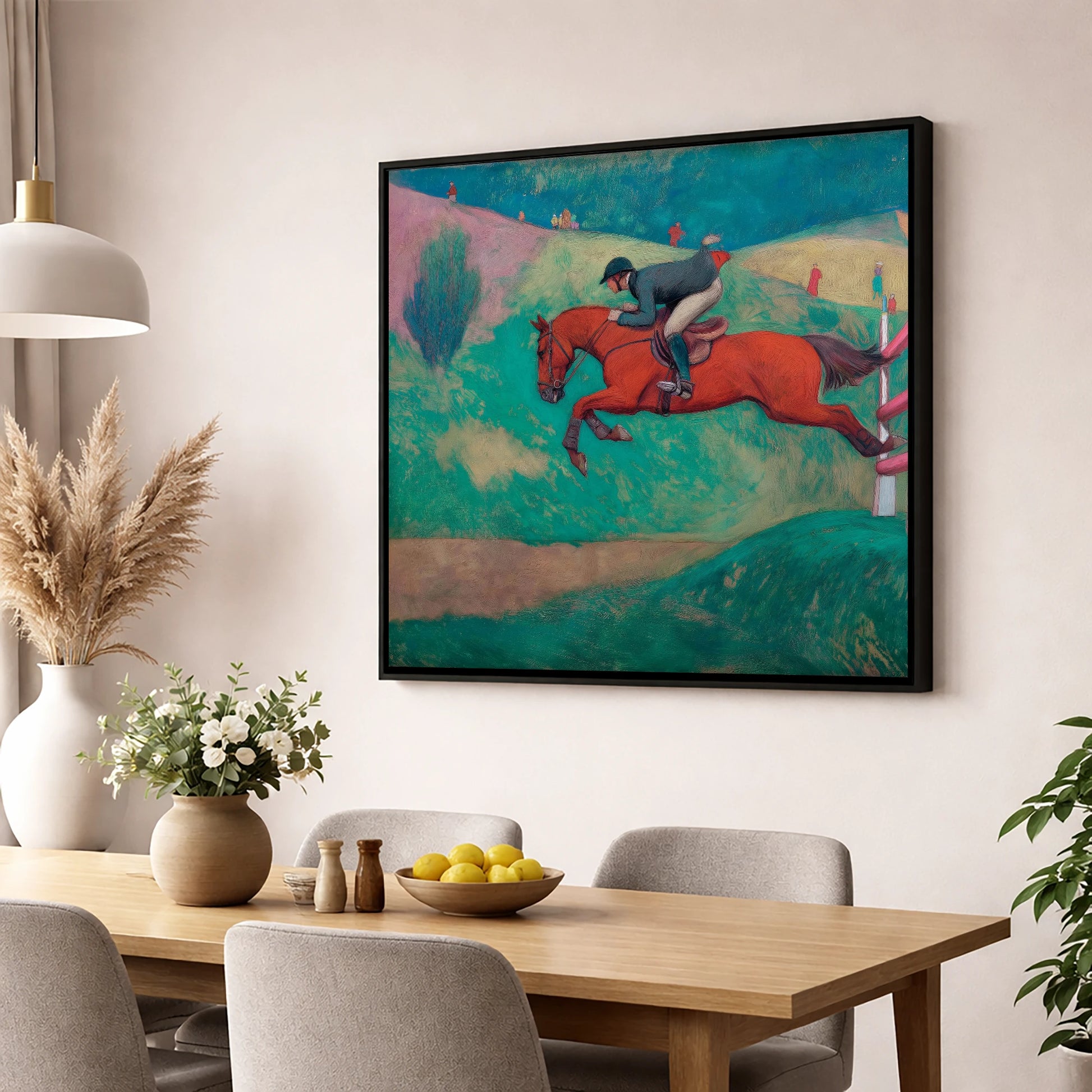 Flight Over Emerald Hills show jumping horse wall art displayed in a dining room