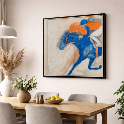 Cobalt Surge racing horse wall art displayed in a dining room