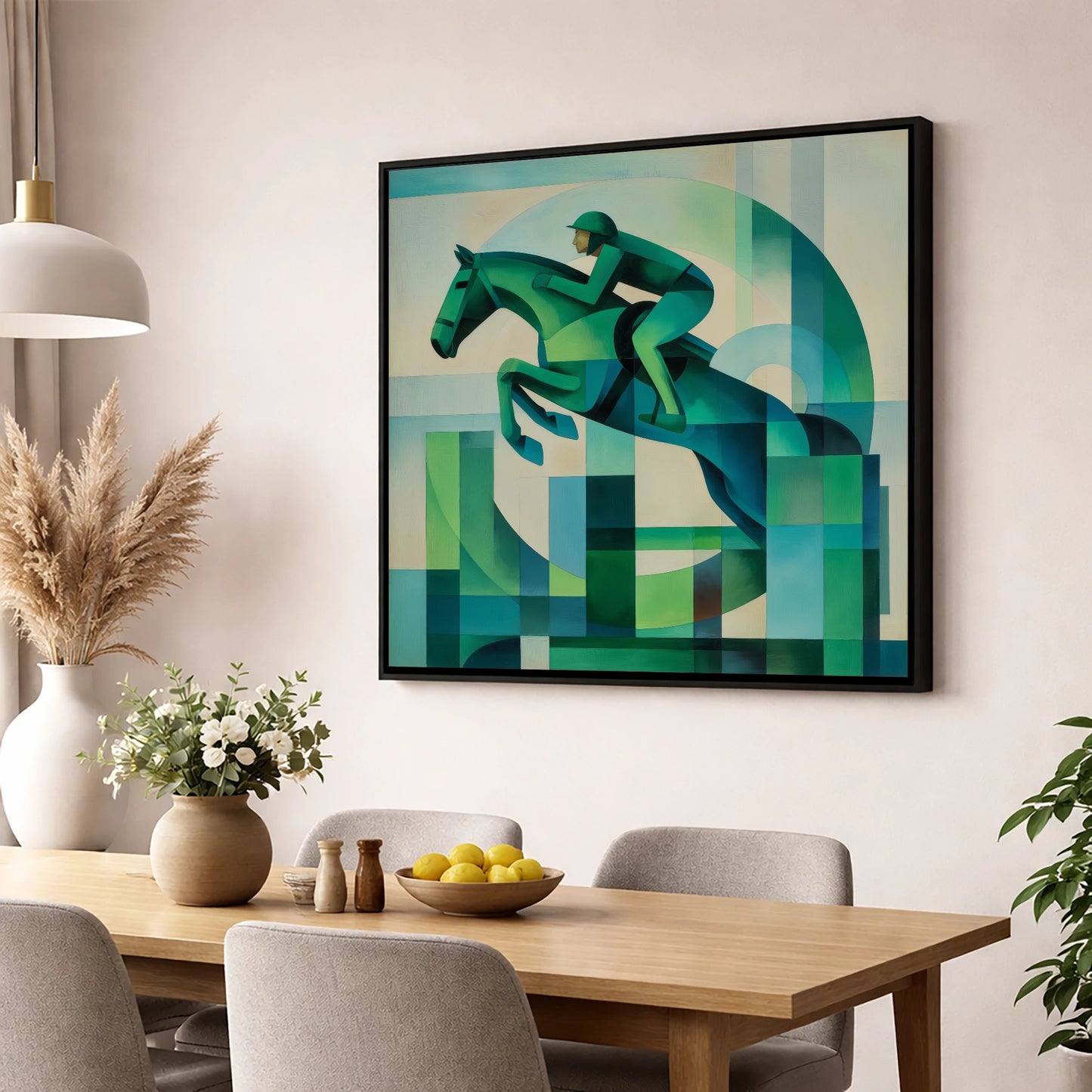 Emerald Ascent show jumping horse wall art displayed in a dining room