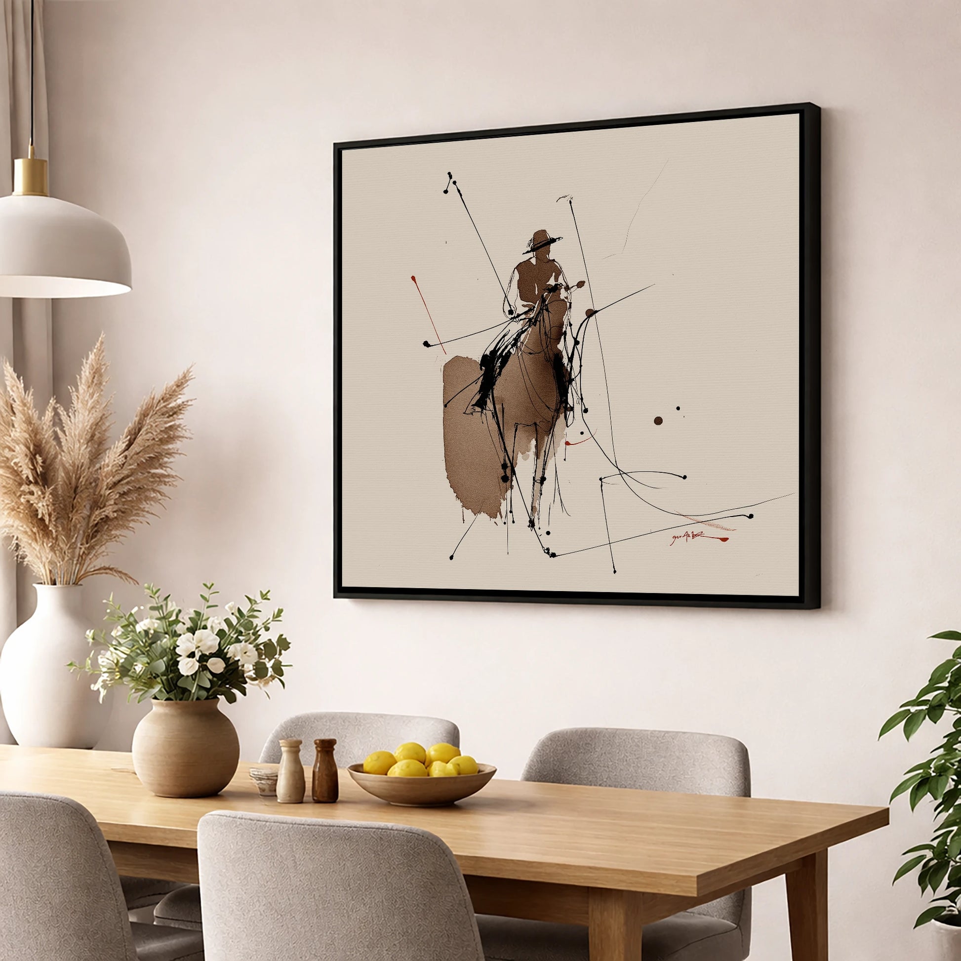Dynamic Polo Strike polo horse wall art displayed in a dining room