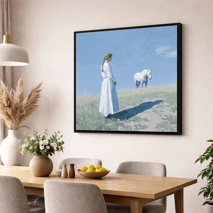 The Quiet Companion horse & rider wall art displayed in a dining room