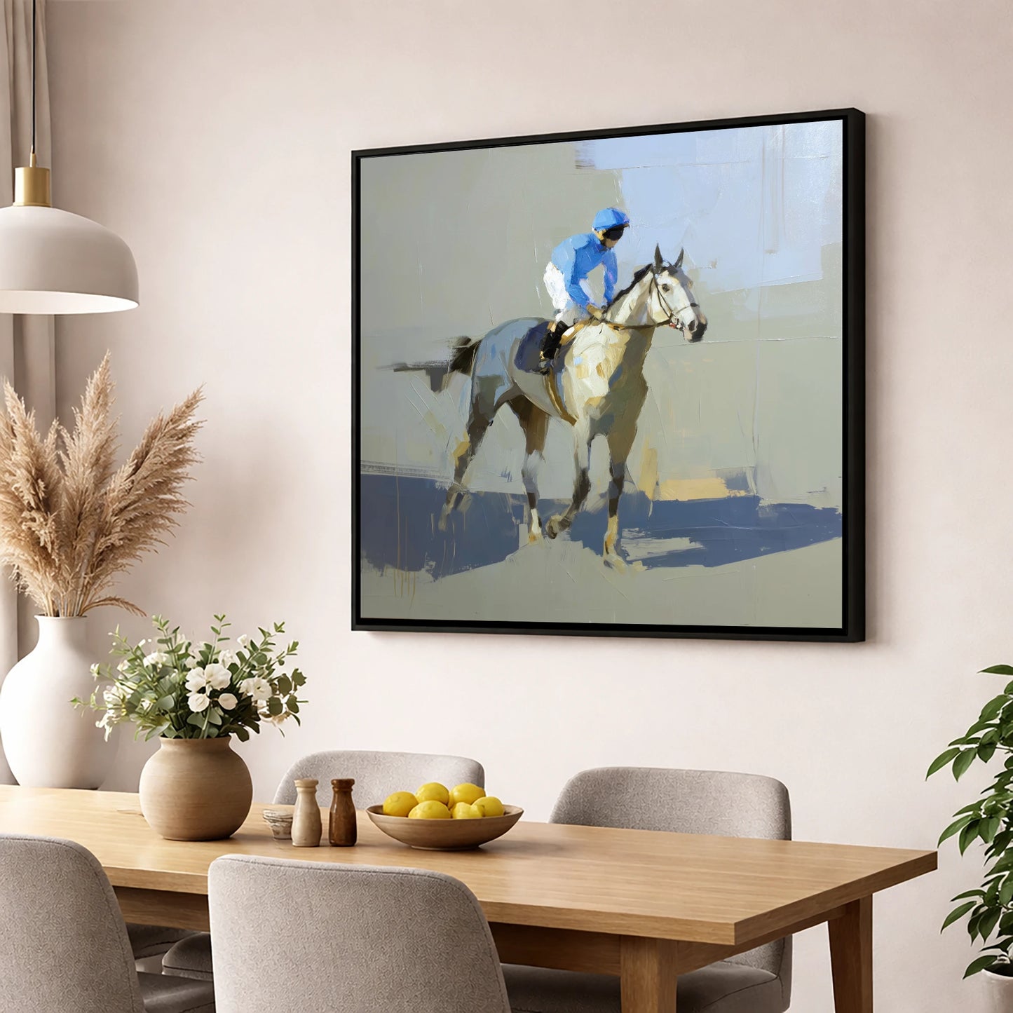Blue Silks and Shadows racing horse wall art displayed in a dining room