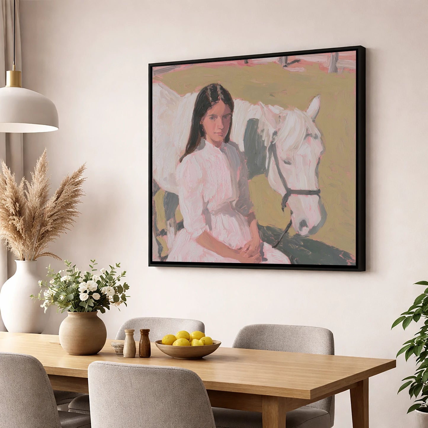 Pastel Companionship horse & rider wall art displayed in a dining room
