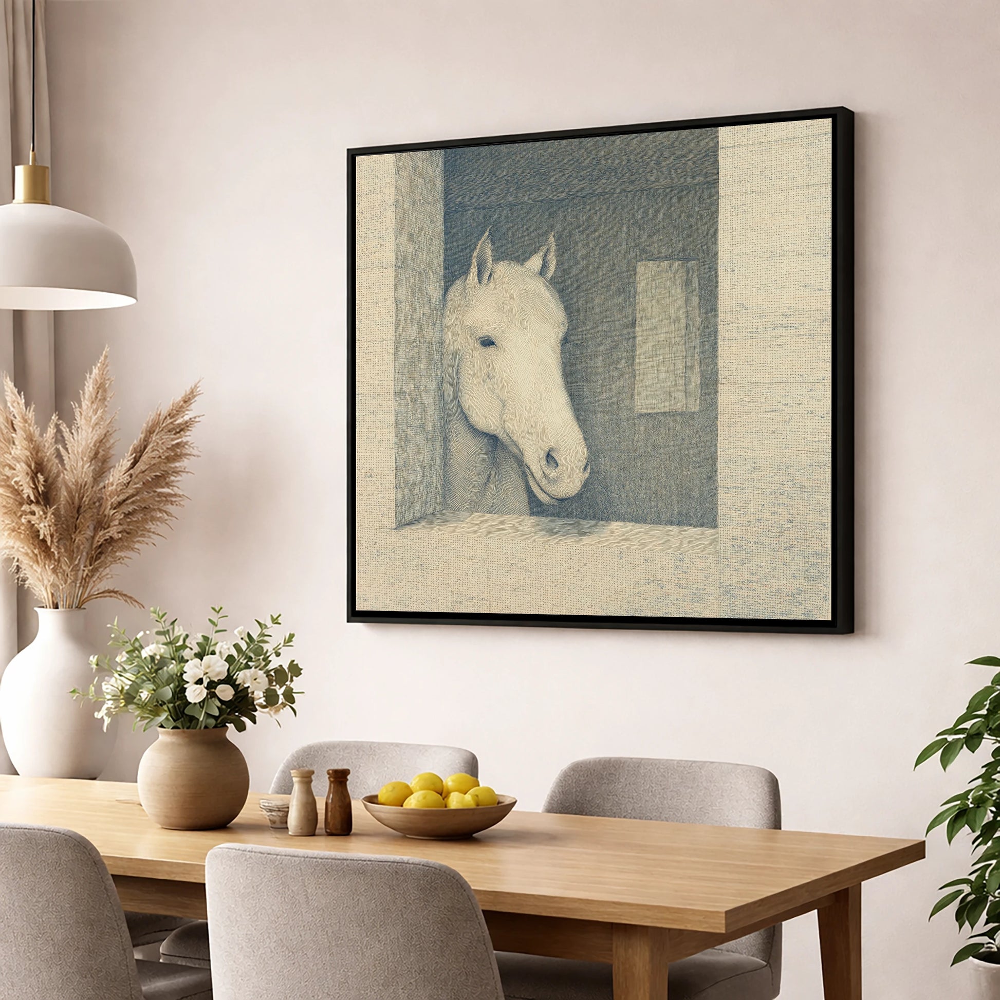 The Quiet Observer horse stable wall art displayed in a dining room