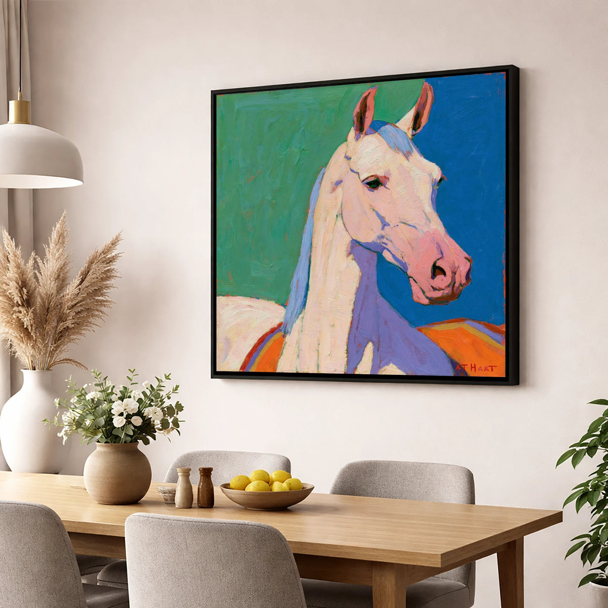 Vibrant Grey Arabian Horse horse breed wall art displayed in a dining room