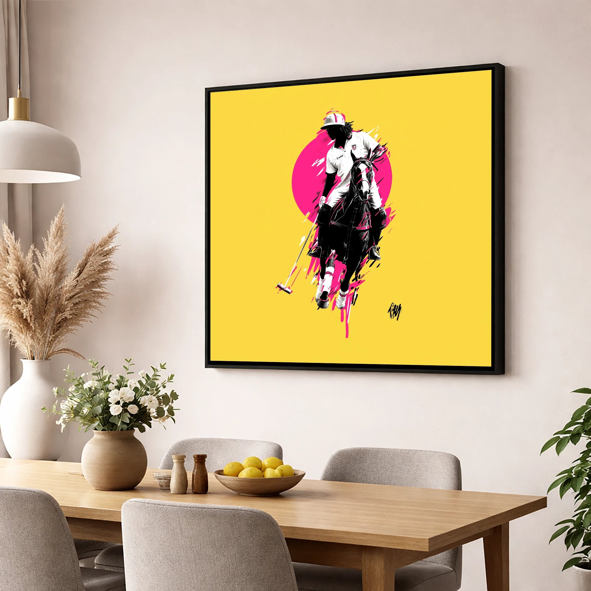The Vibrant Chukka polo horse wall art displayed in a dining room