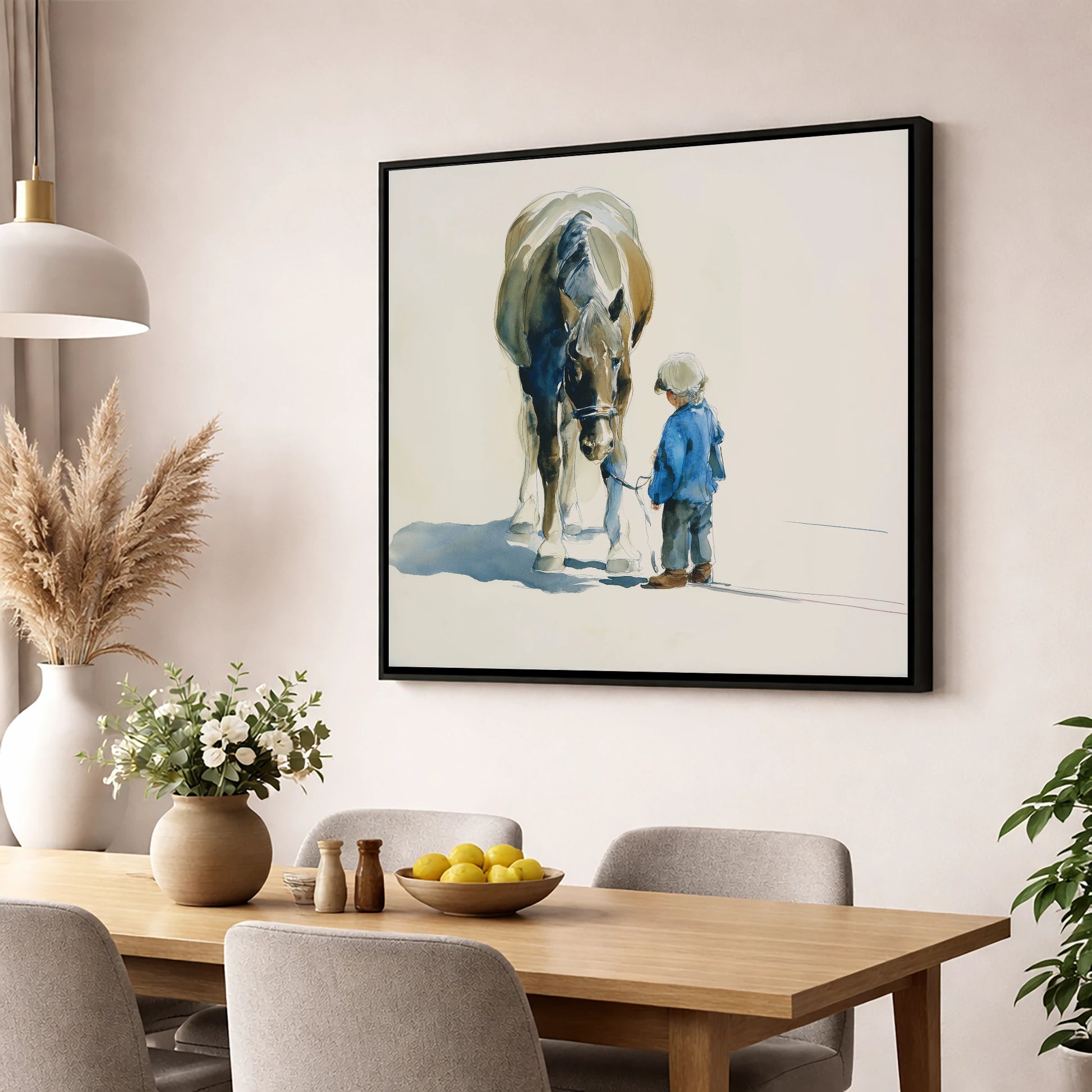 Quiet Understanding horse & rider wall art displayed in a dining room