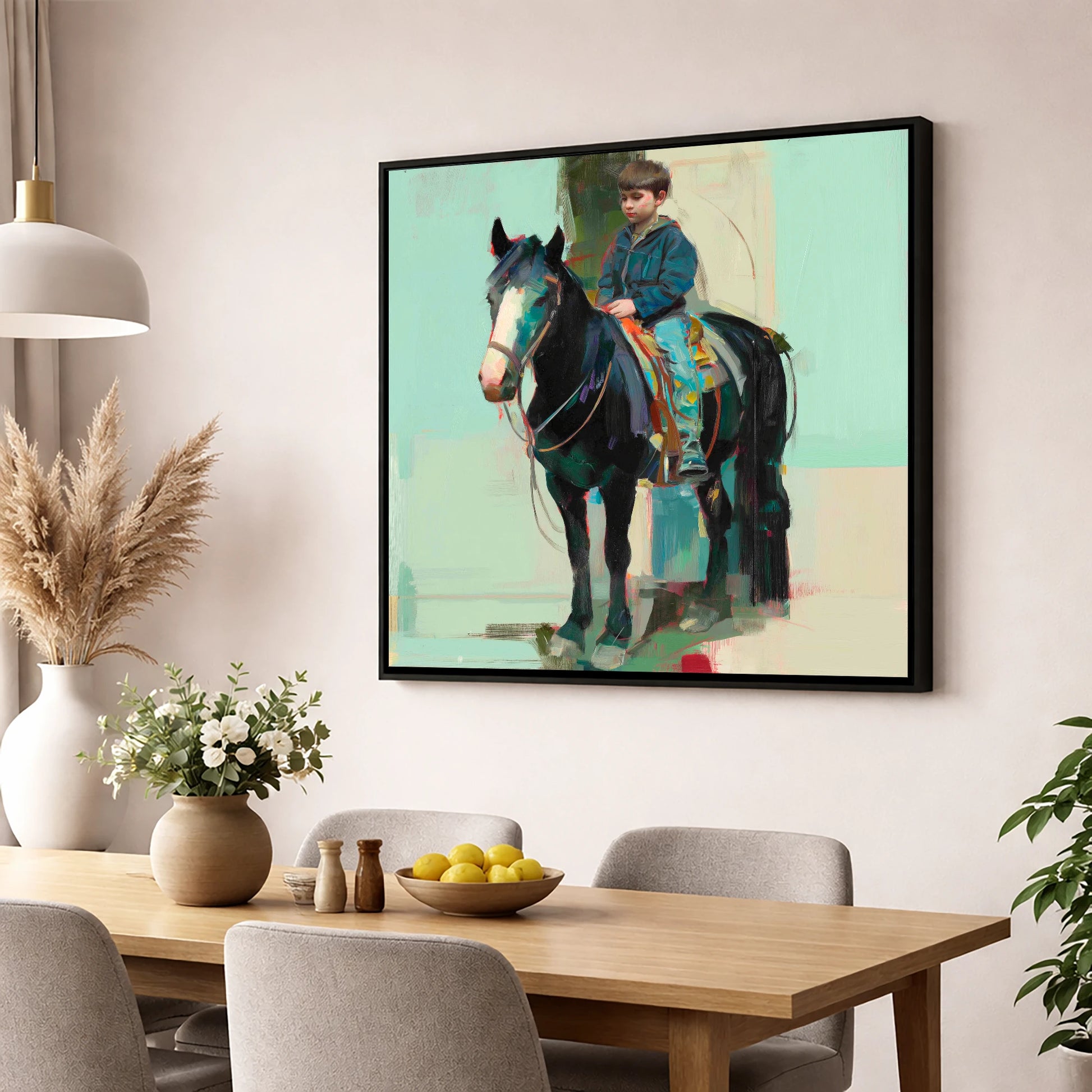 The Quiet Partnership horse & rider wall art displayed in a dining room