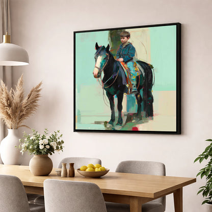 The Quiet Partnership horse & rider wall art displayed in a dining room