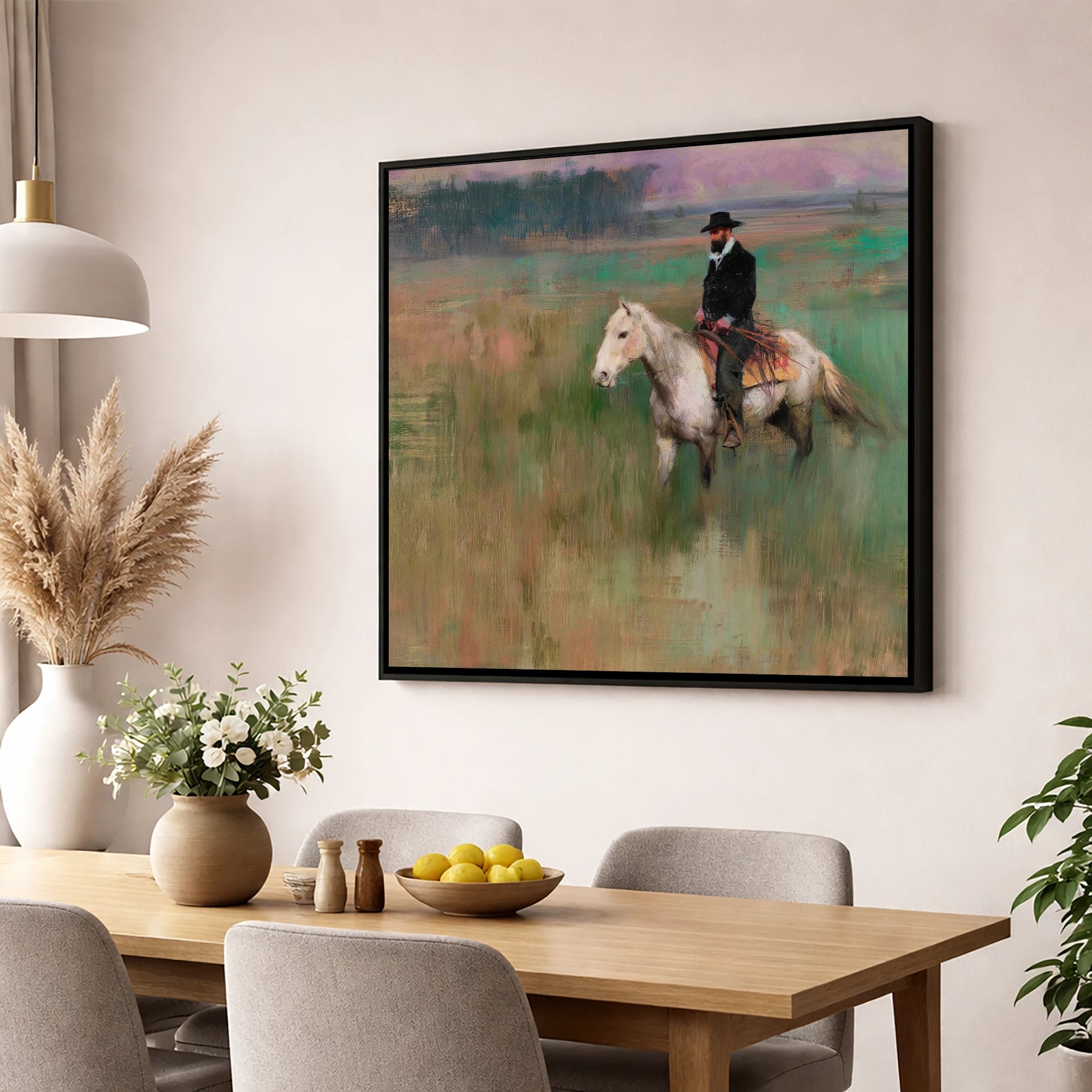 The Quiet Trail western horse wall art displayed in a dining room