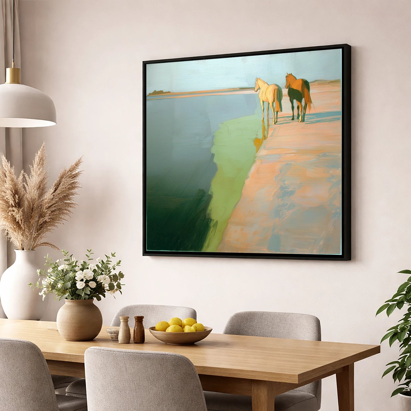 Shoreline Companions horse landscape wall art displayed in a dining room